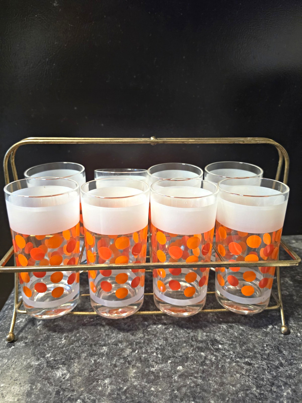 MCM Retro Orange Red Polka Dot Frosted Drinking Glasses Set of 8 Wire Rack Rack
